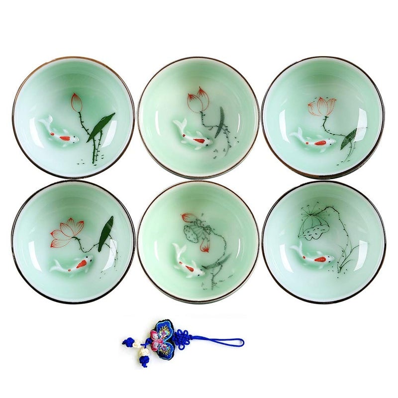 ZHAMS Hand Painted Kungfu Teacup,Chinese Long-quan Celadon Teacup,Fishes and Lotus Pattern,set of 6 - Image 1